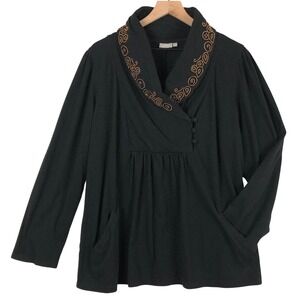 eShakti 100% Cotton Beaded Shawl Collar Top Plus Sz 2X 20W Black Pockets Knit EC